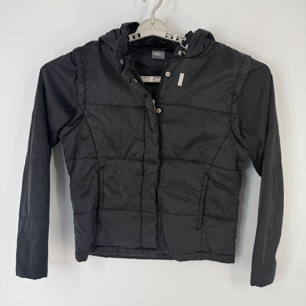 VTG Y2K Nike Women Hooded Puffer Jacket Vest Black Convertible Sleeve Sz L 12 14 - Picture 2 of 8